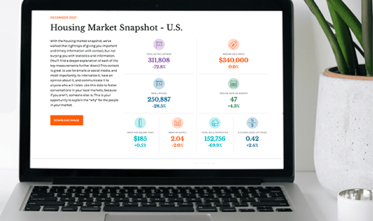 A laptop screen showing housing market snapshots in NextHome brand colors